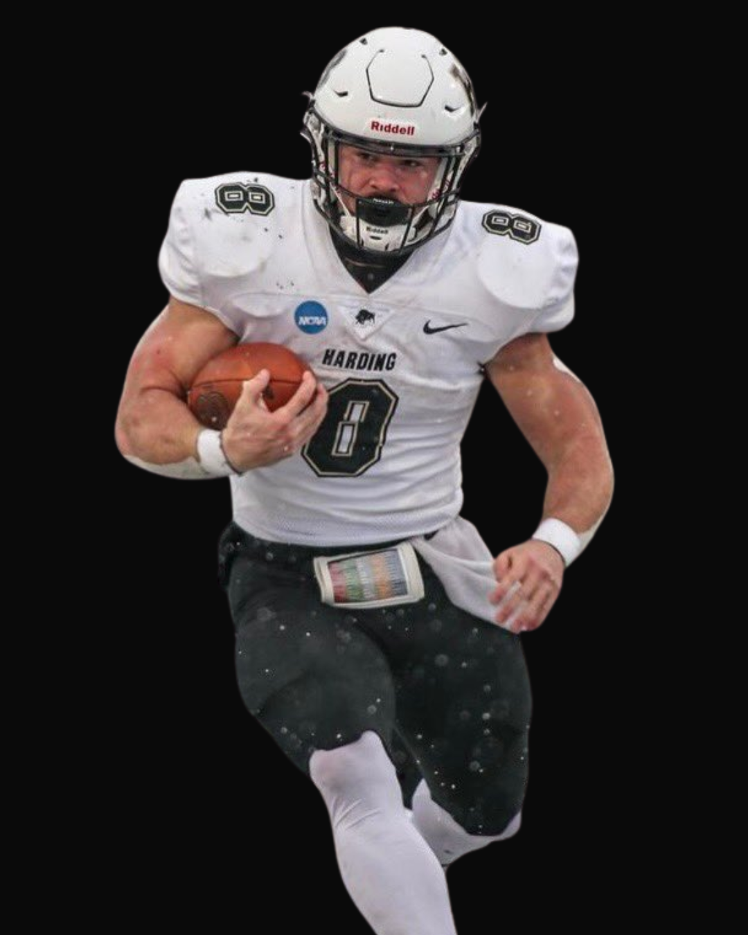 A football player in a white jersey with the number 8, running with a football, wearing a helmet, and black pants, on a black background.