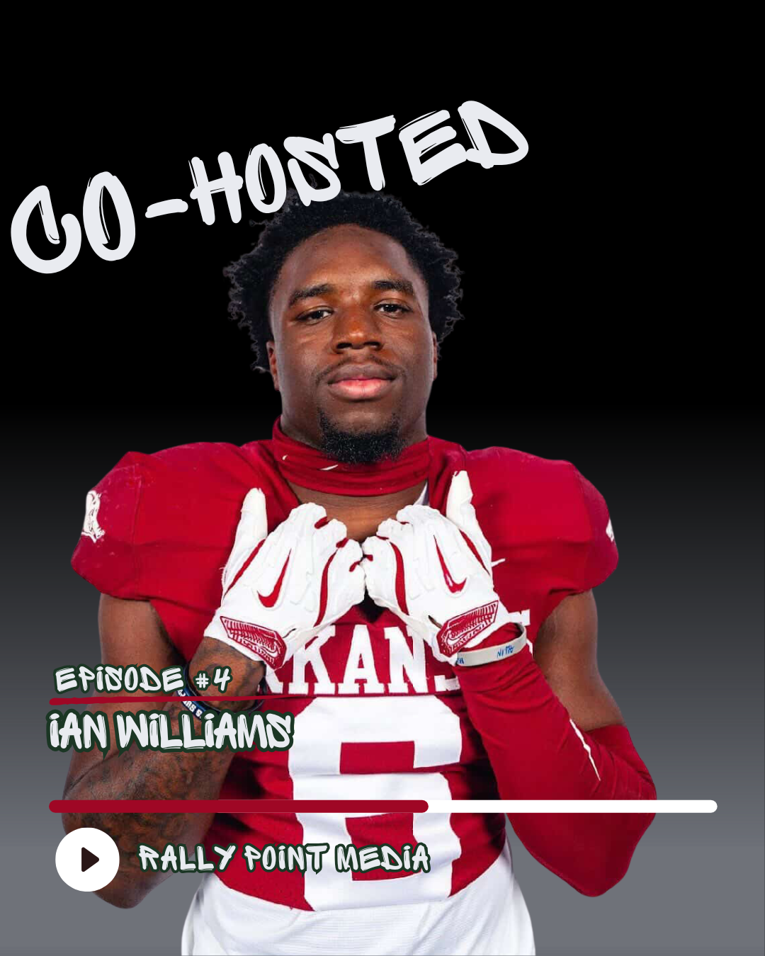Football player Ian Williams in a red and white uniform, holding his jersey with white gloves, with text overlay indicating 'C.O-HOSTED, Episode #4'.