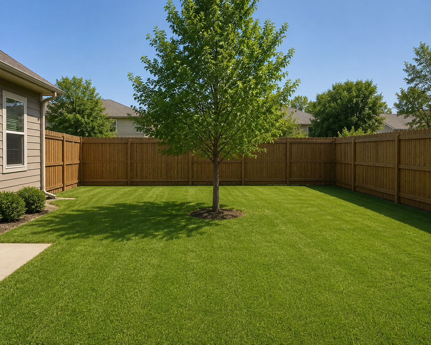 A backyard with green grass, a young tree in the center, and a wooden fence surrounding the yard. Part of a house with beige siding and a window is visible on the left.