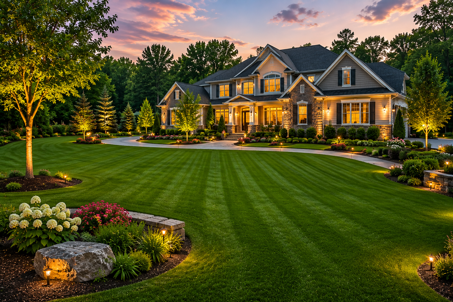 Beautiful large house with a well-maintained front yard, illuminated outdoor lights, lush green lawn, trees, bushes, and flowers, during sunset.