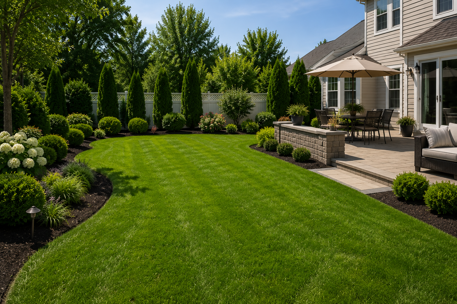 Well-maintained backyard with lush green grass, landscaped flower beds, and a patio area with outdoor furniture and a large umbrella, enclosed by a white fence and surrounded by tall trees.