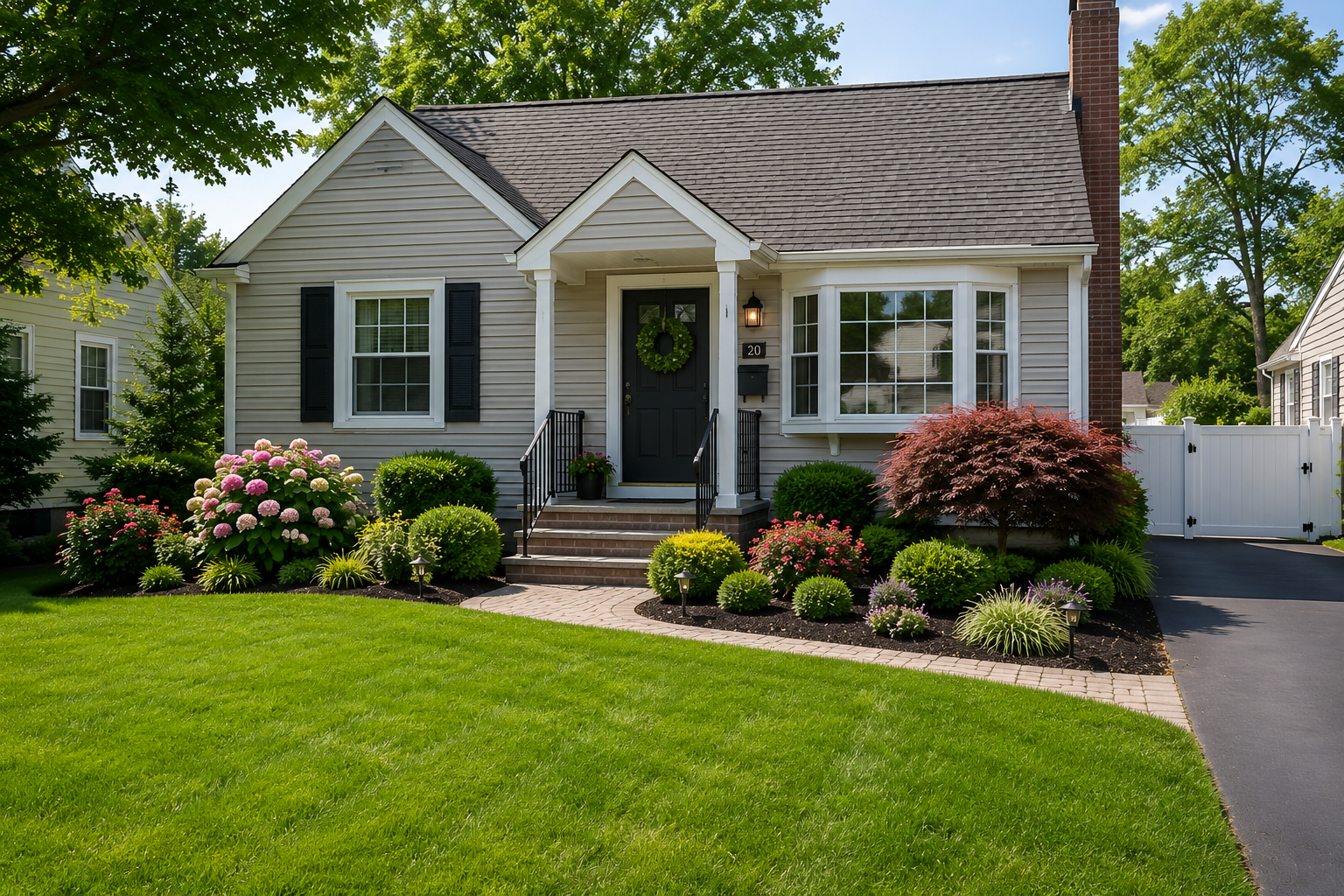 Exterior view of a house with light-colored siding, black shutters, and a dark front door. There are neatly landscaped flower beds with various green plants and pink flowers, a paved walkway leading to the front steps, and a black driveway on the right side. Tall trees and neighboring houses are visible in the background.