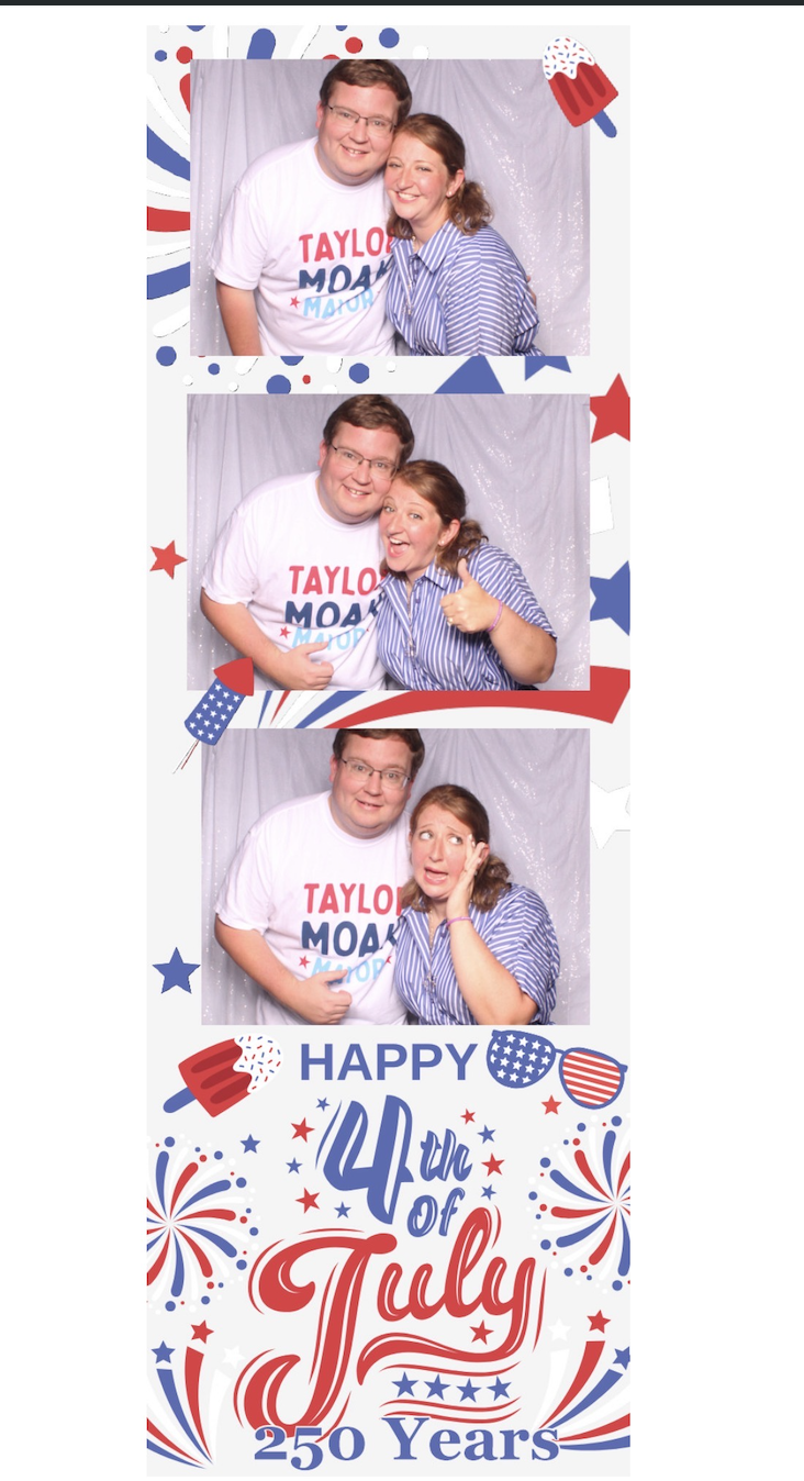 Photo booth strip with three pictures of a man and woman celebrating the Fourth of July with patriotic decorations. In the first photo, they are smiling; in the second, they are smiling and giving a thumbs-up; in the third, they are making surprised 
