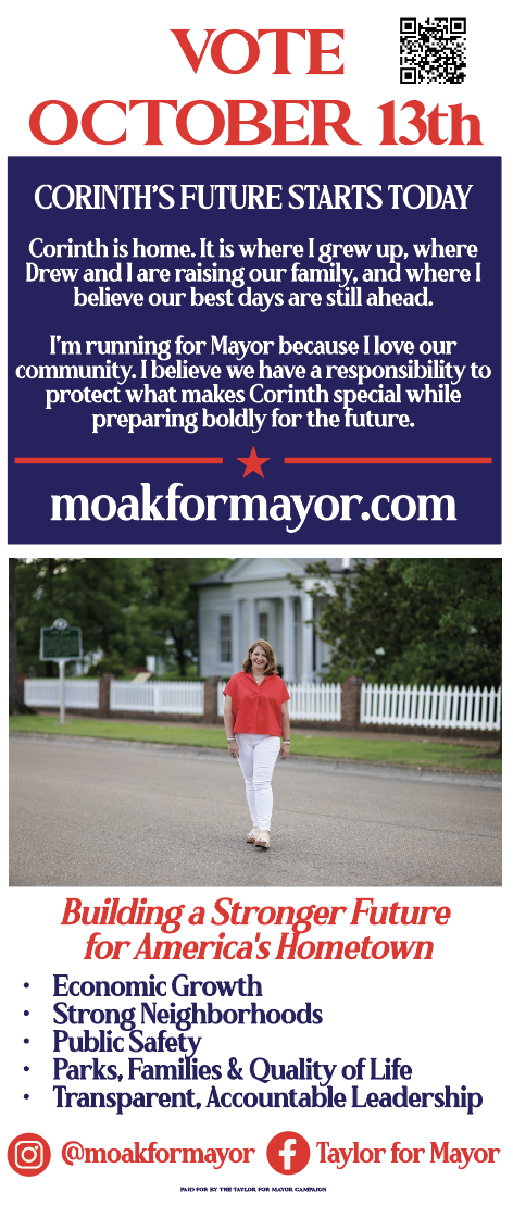 Political campaign flyer for Moore for Mayor with election date October 13th, featuring a woman in a red shirt walking outdoors, and campaign message about building a stronger community.