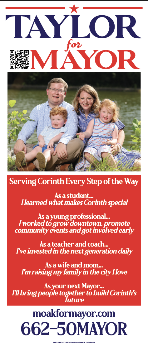 Campaign flyer for Taylor running for mayor featuring a family photo by a lake with a man, woman, and three children, along with campaign message and contact information.