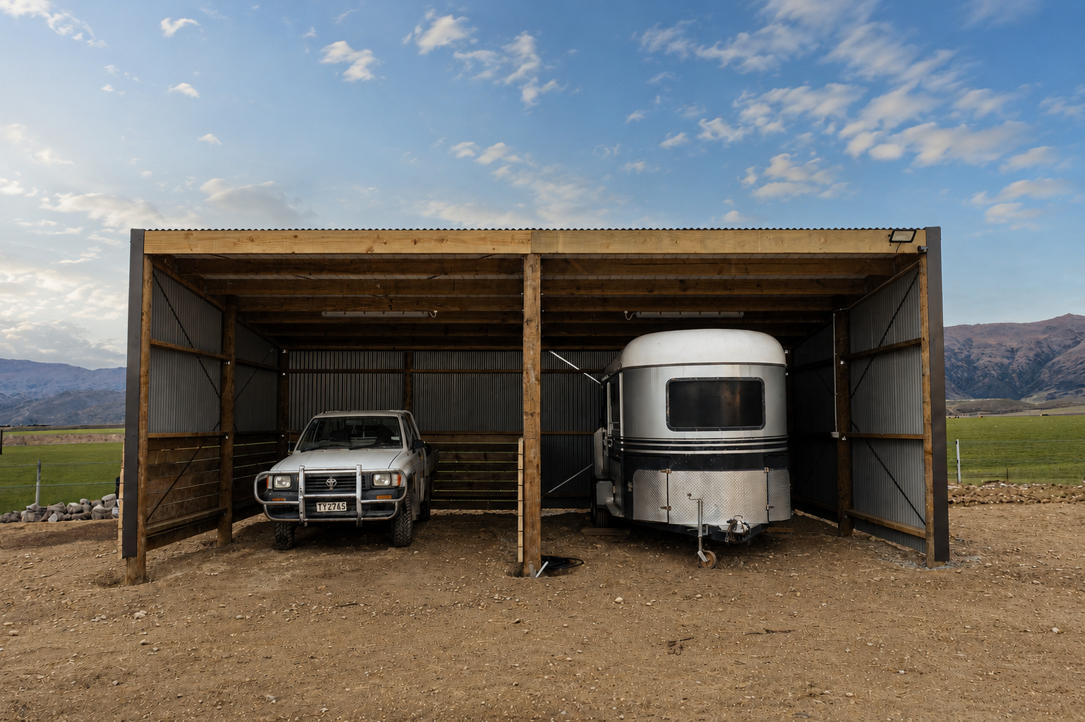 A wooden shelter containing a white pickup truck and a silver travel trailer, with a scenic mountain landscape and blue sky in the background.