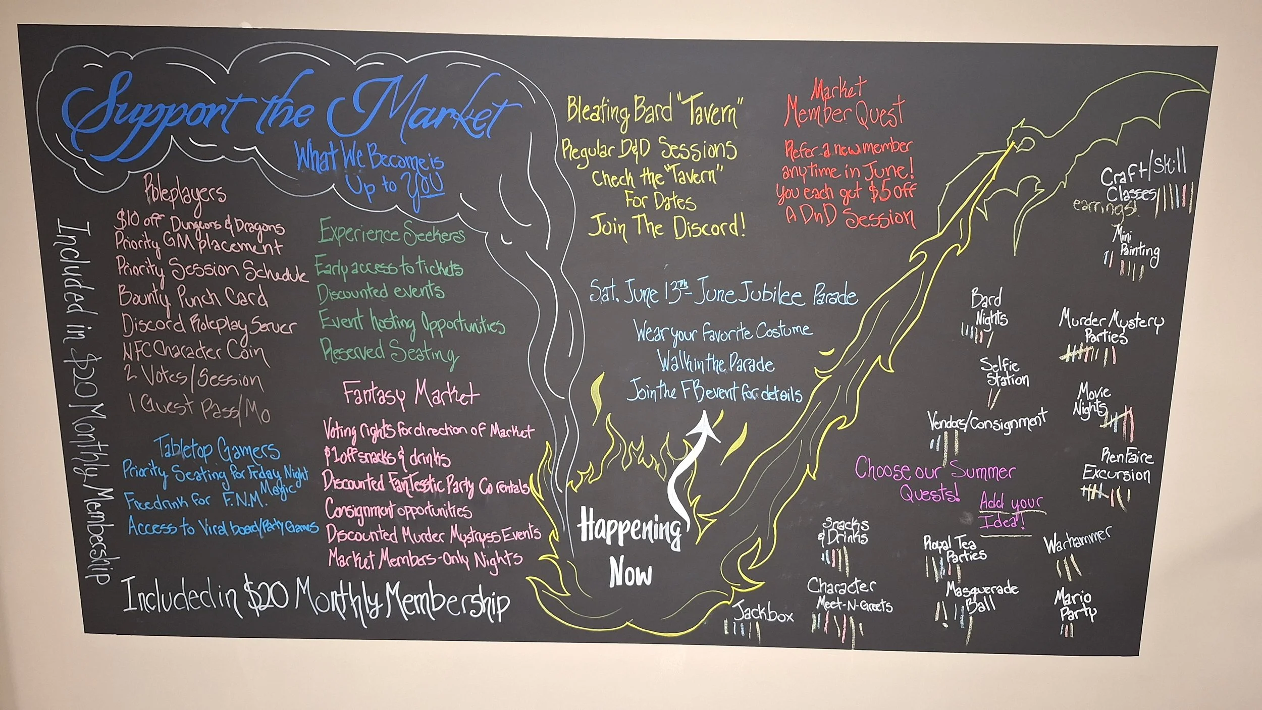 A black chalkboard with colorful handwritten text and illustrations promoting various activities and events, including supporting the market, community events, craft classes, and social gatherings, with designated sections and creative drawings.