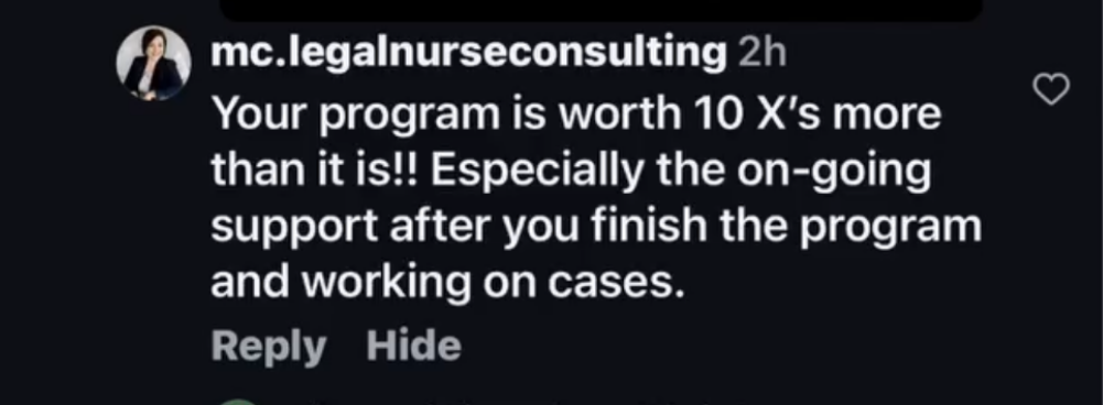 Screenshot of a Instagram comment praising the Institute for Legal Nursing & Forensic Science program and its ongoing support after completion.