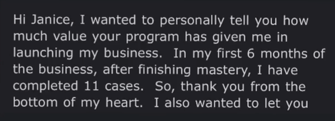 Screenshot of a message expressing gratitude and success for Janice Dolnick in business after completing CLFN program.