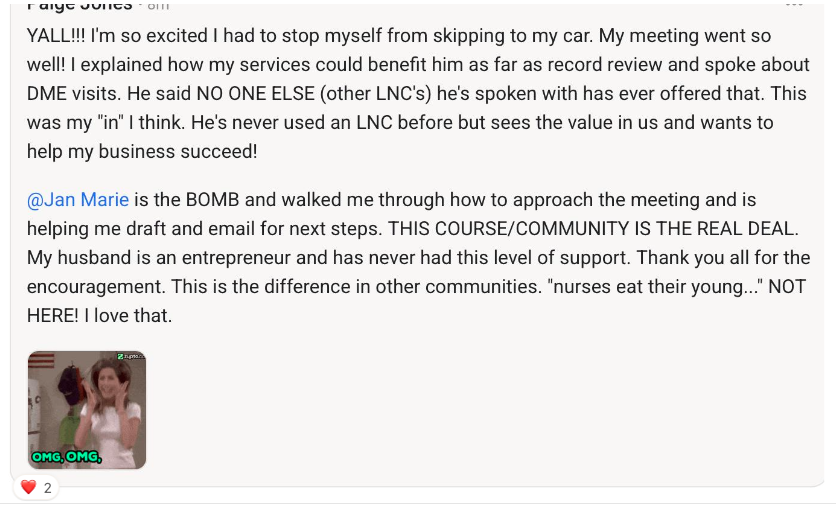 Screenshot of Skool post by Institute for Legal Nursing & Forensic Science student showing gratitude of program and getting attorney client.