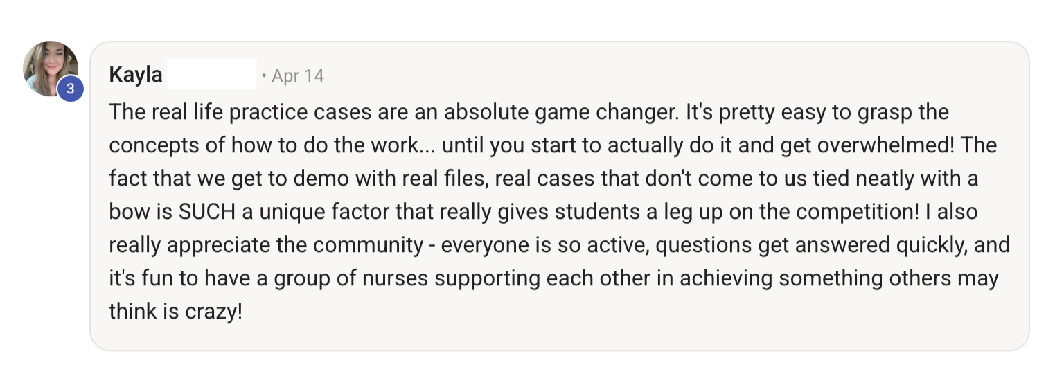Screenshot of a Skool comment by Kayla expressing appreciation for real-life practice cases in learning, highlighting the value of hands-on experience, community support, and active participation in her ILNFS learning community.