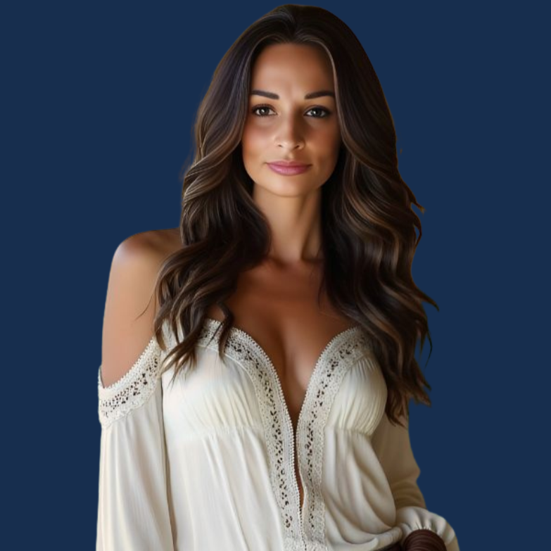 Janice Dolnick (Jan Marie), Founder of the Institute for Legal Nursing & Forensic Science (CLFN). A woman with long, wavy brown hair, wearing a cream-colored, off-shoulder blouse with lace details, standing against a dark blue background.