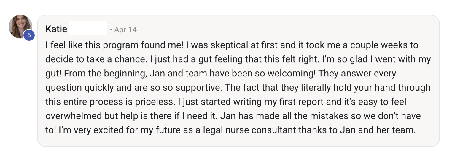 Screenshot of a Skool comment from Katie expressing her positive experience with Institute for Legal Nursing & Forensic Science program, mentioning her initial skepticism, supportive team, and her excitement for future opportunities as a CLFN.