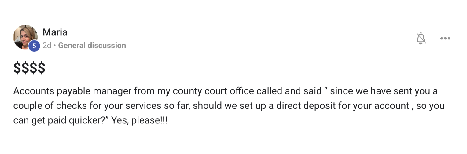 A social media post by Maria in Skool group discussion about setting up direct deposit for payments with text expressing eagerness for quicker payment for continued success from Jan Marie's program.