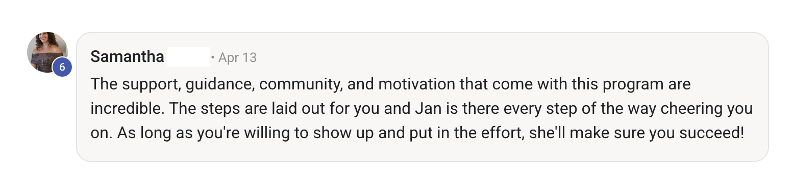 Screenshot of a Skool comment by Samantha praising support, guidance, community, and motivation in Certified Legal Forensic Nurse (CLFN) program, encouraging other students to show up and put in effort.