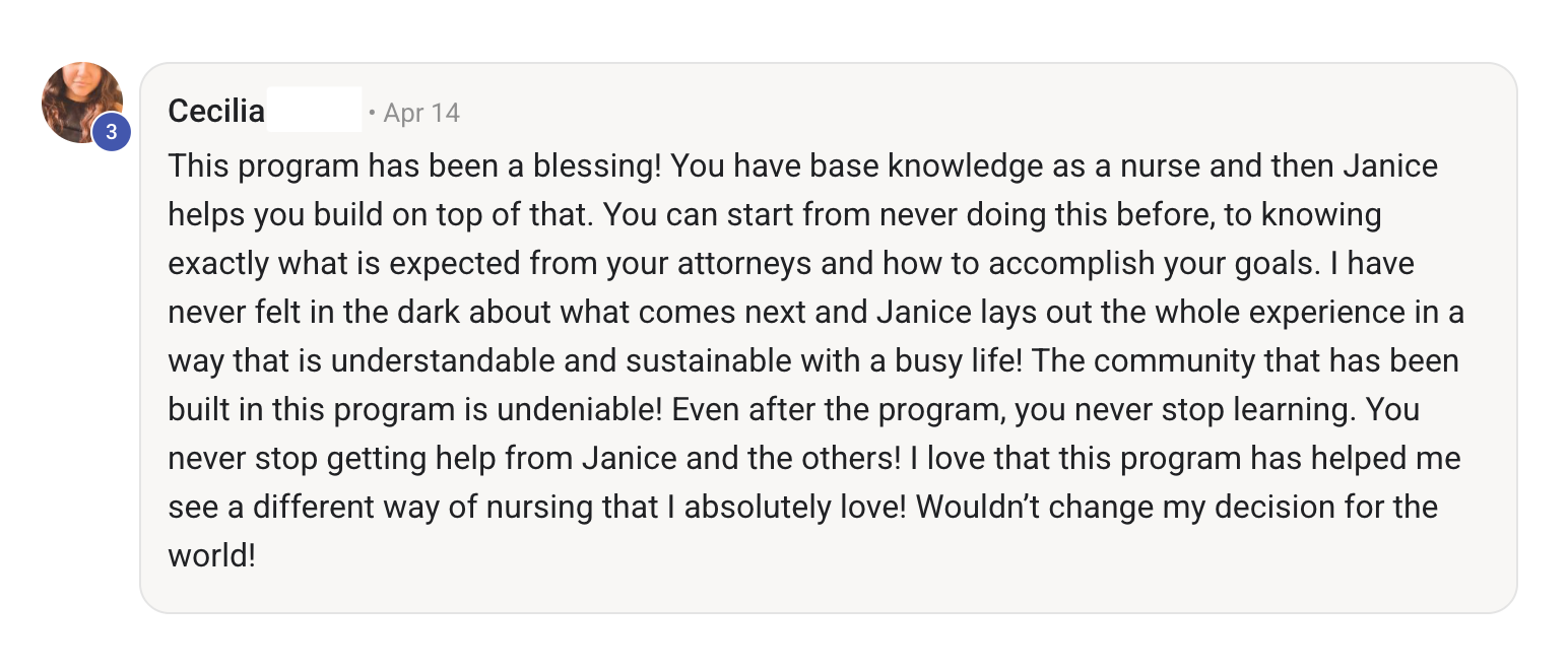 Screenshot of a text comment praising CLFN nursing program, mentioning gratitude for the knowledge and community built in the program, and appreciation for Janice's support.