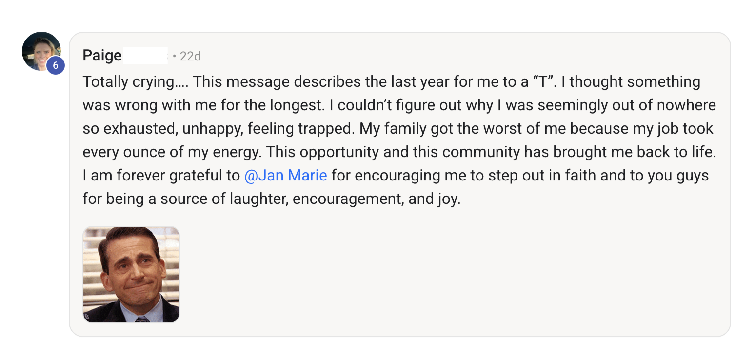Screenshot of Skool post with a message of gratitude of CLFN program after student being hesitant in joining at first.