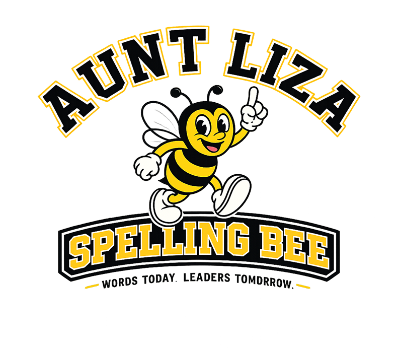 A cartoon bee with a smiling face, white gloves, and sneakers pointing upward, surrounded by the text 'AUNT LIZA SPELLING BEE' in bold yellow and black font, with a background resembling a school building.