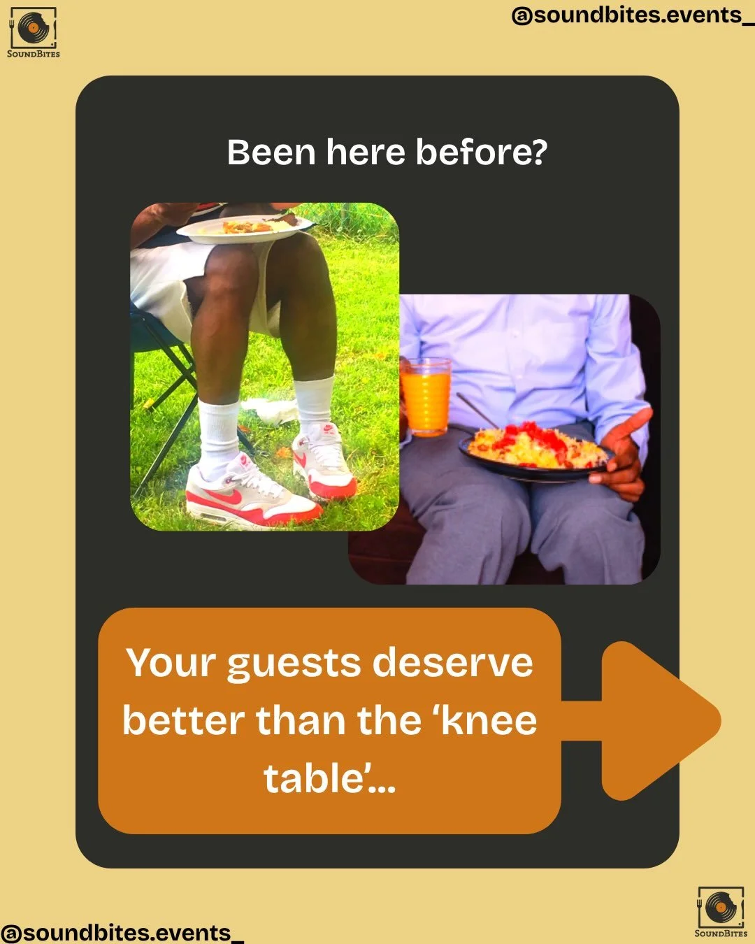Say goodbye to the &lsquo;knee table&rsquo; at your next event with SoundBites. 🛑🍽️

We&rsquo;ve all been there. You&rsquo;re at a great cookout, loading your plate up with some brisket, wings and potato salad, look around&hellip;. And there are no