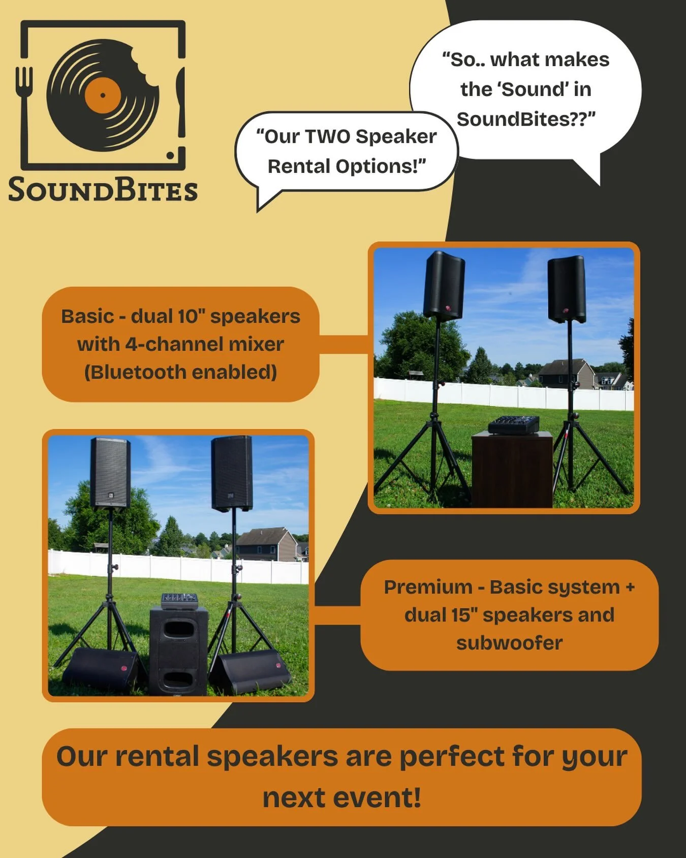 🔊 What makes the &ldquo;Sound&rdquo; in SoundBites?

It&rsquo;s all about having the right sound for your event! 🎶 

Whether you&rsquo;re hosting an intimate gathering or turning up the energy for a larger crowd, SoundBites has TWO speaker rental o