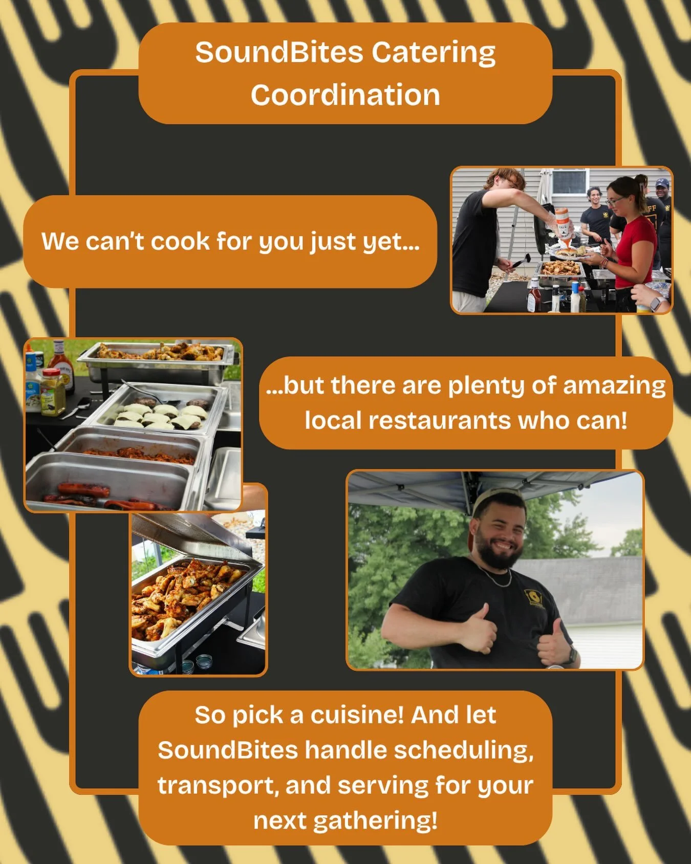🍽️ Great food, ZERO stress 🍽️ 

We may not be cooking the food for you just yet&hellip; but that doesn&rsquo;t mean you have to! 👩&zwj;🍳 

There are plenty of incredible local restaurants ready to make your event delicious - and SoundBites takes 