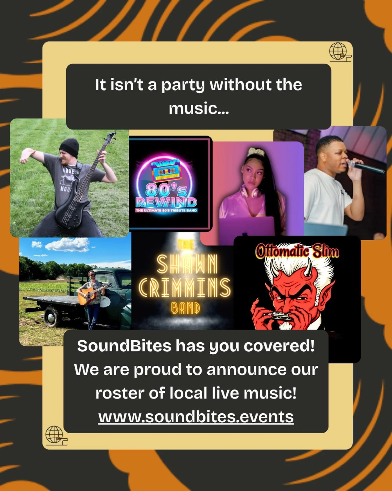🎶 BRING YOUR BACKYARD BASH TO LIFE! 🎶

What&rsquo;s a great party without great music?

With SoundBites Events, you can book the perfect entertainment for your next backyard celebration! Whether you are looking for a live band, DJ, or solo artist, 