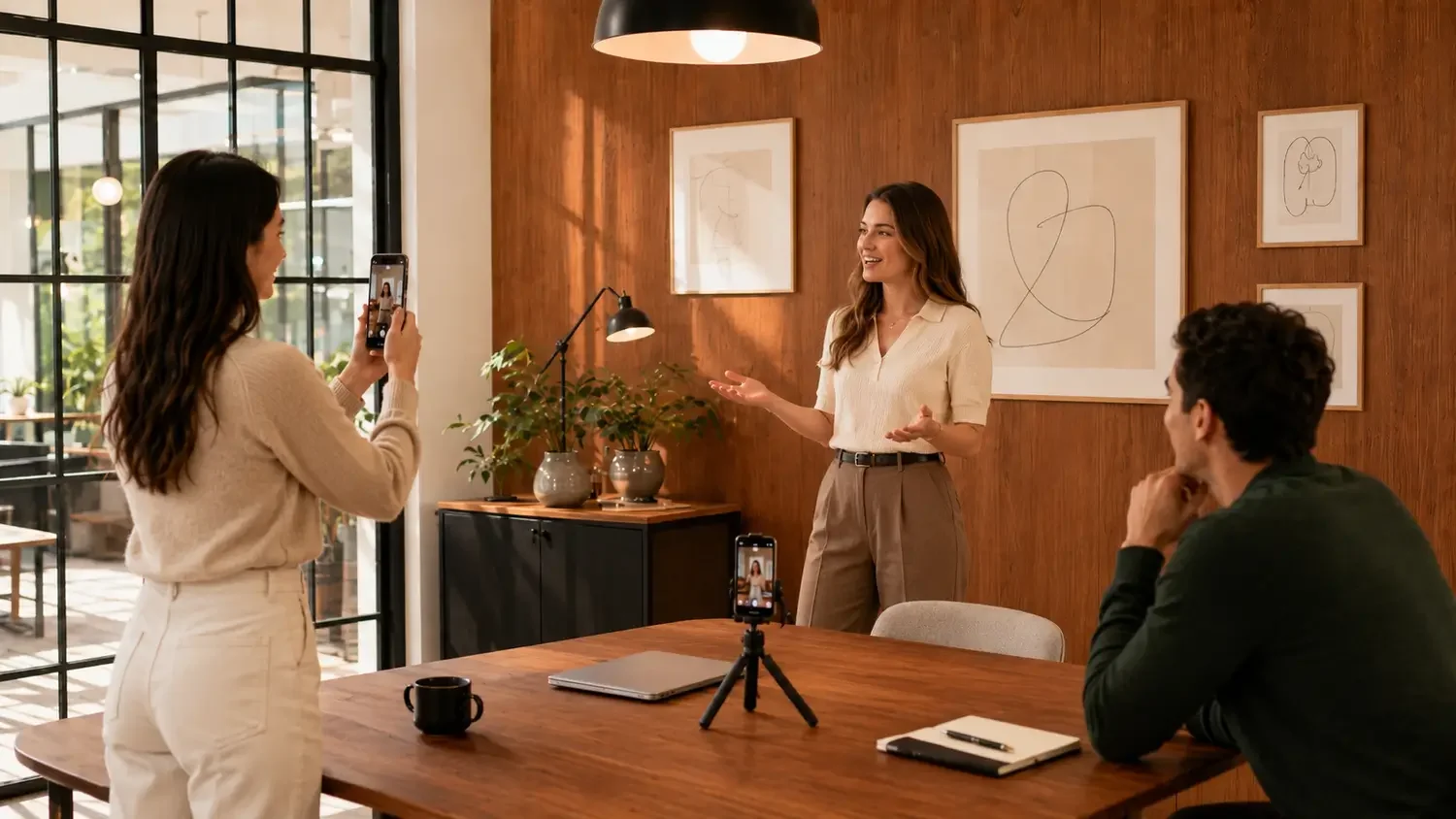 Three people in a meeting room. Two women are standing; one is taking a photo or video of the other, who is speaking and gesturing. A man is sitting at the table, listening. There is a tripod with a phone on the table, and the room has a wooden wall with art, plants, and a large window.