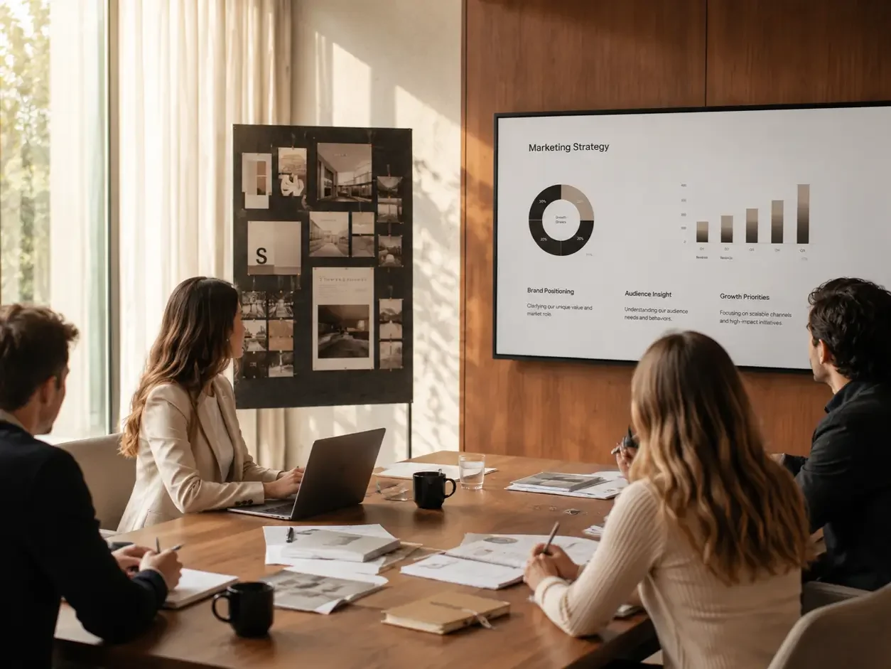 Business meeting with four people in a conference room, woman presenting marketing strategy on a large screen, documents and laptops on the table, sunlight coming through windows.