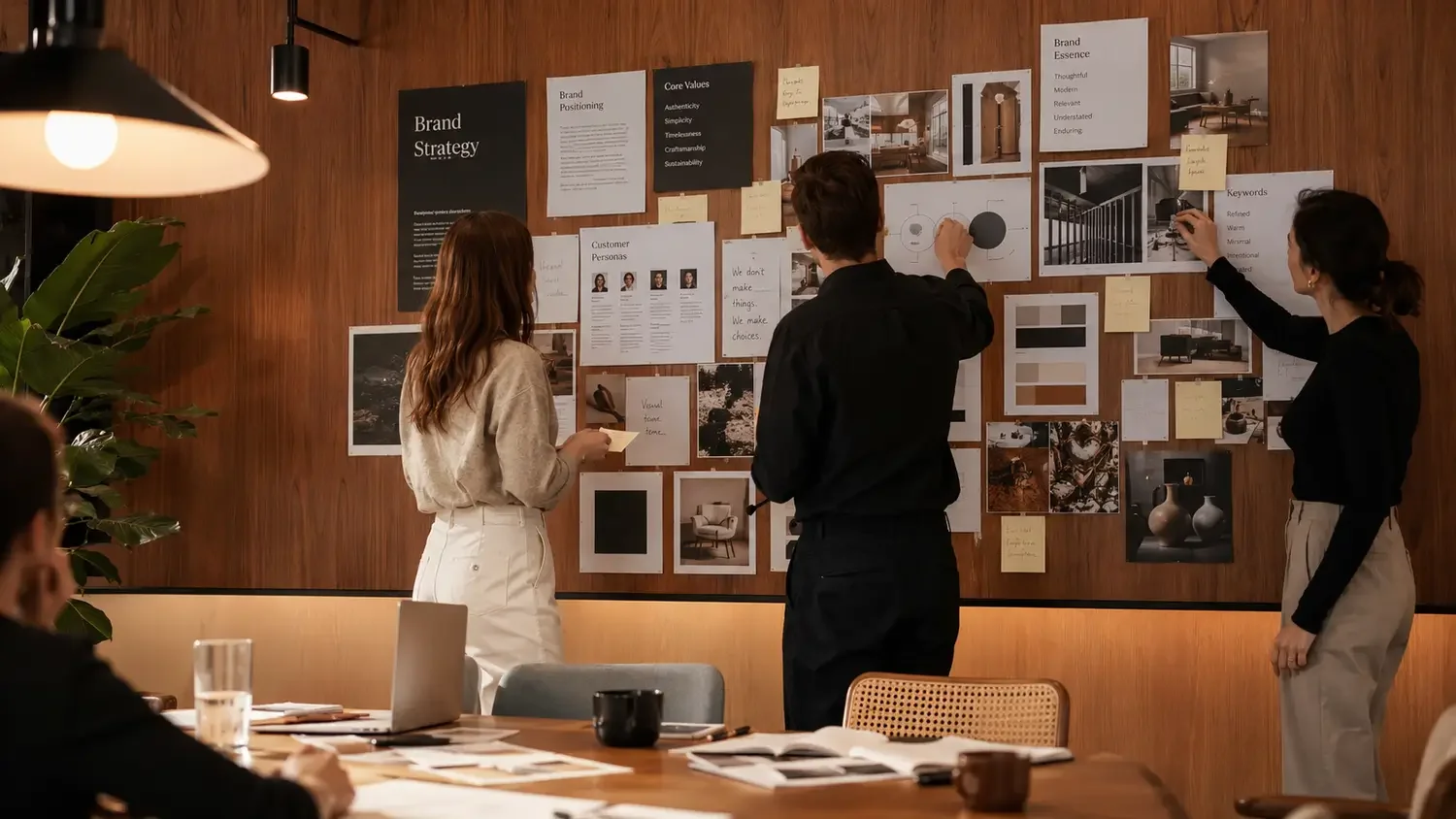 Three people are standing and discussing a large presentation board with various images, notes, and documents on a wooden wall, while others sit at a conference table in the foreground.