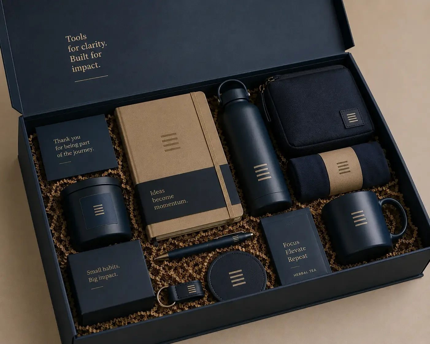 A gift box containing various black and gold branded items, including a notebook, water bottle, mugs, a small pouch, a rolled towel, a pen, and small cards with motivational quotes and messages, all arranged neatly on a bed of crinkle paper.