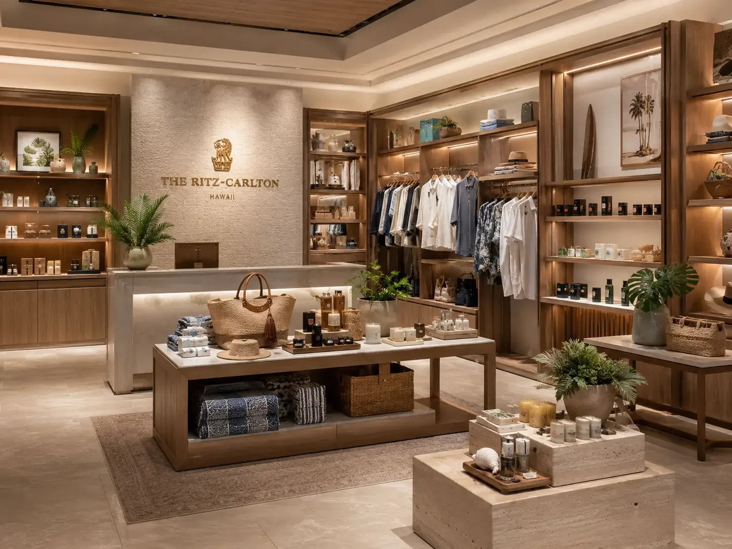 Interior of a gift shop at The Ritz-Carlton in Hawaii, with wooden shelves displaying clothing, accessories, and souvenirs, decorated with potted plants and candles.
