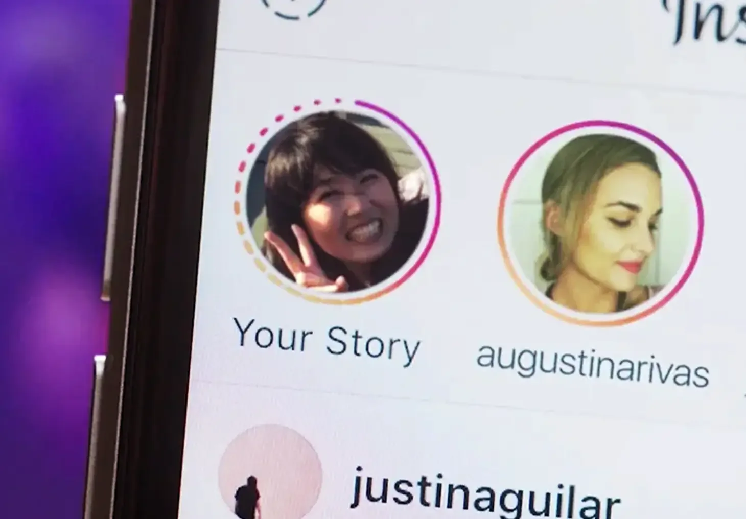Social media profile page showing profile pictures and usernames of three users, with one user smiling and making a peace sign.