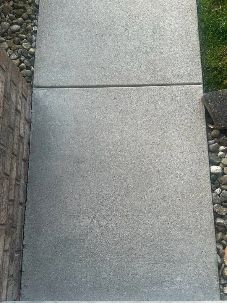 Concrete sidewalk with brick and rock border on the sides and grass on the right.