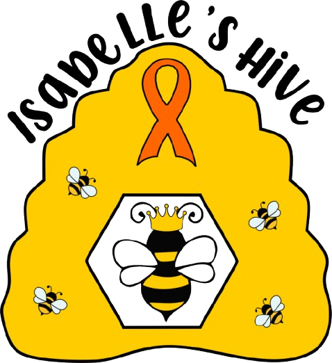 Yellow honeycomb with a bee at the center wearing a crown, surrounded by six smaller bees, and an orange awareness ribbon above. Text reads "Isabelle's Hive."