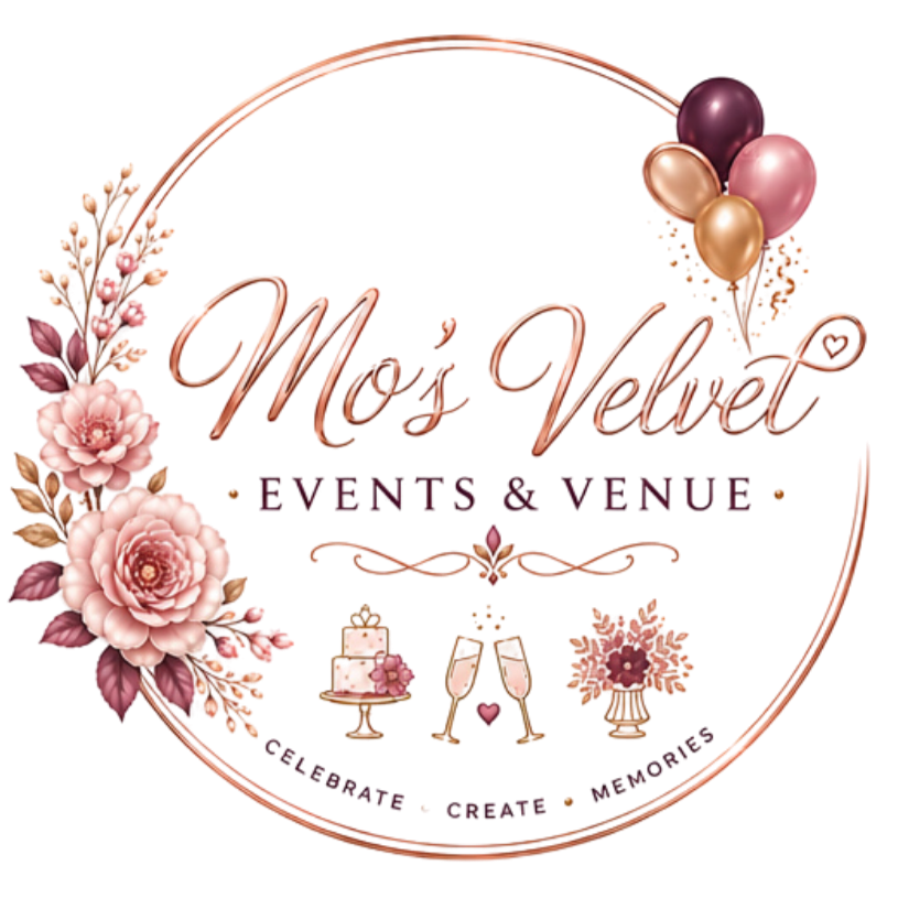 A decorative logo for Mo's Vapid Events & Venue featuring a red circular background with floral accents, balloons, a cake, and dancing figures.