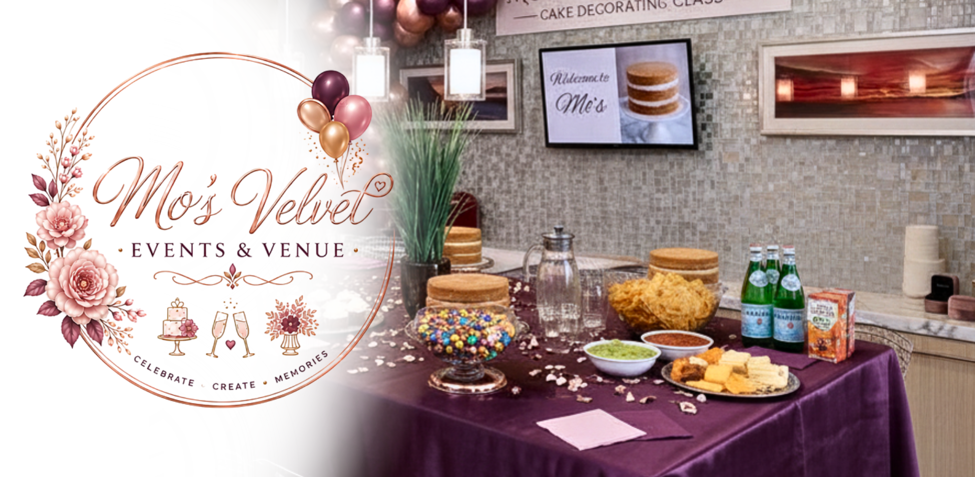 Decorative table setup for a celebration with snacks, drinks, and dessert items, featuring a sign for Mo's Velvet Events & Venue, floral decorations, and balloons.