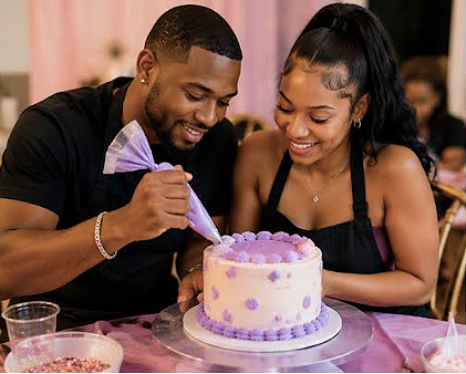 A man and woman smiling as they decorate a purple and white birthday cake with purple flowers, sitting at a pink table with party supplies.