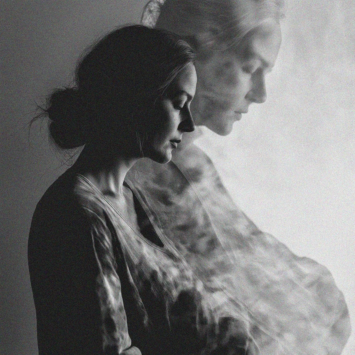 A woman with dark hair in a bun, with her eyes closed, facing left, with a ghostly transparent overlay of her profile in the background, black and white photo.