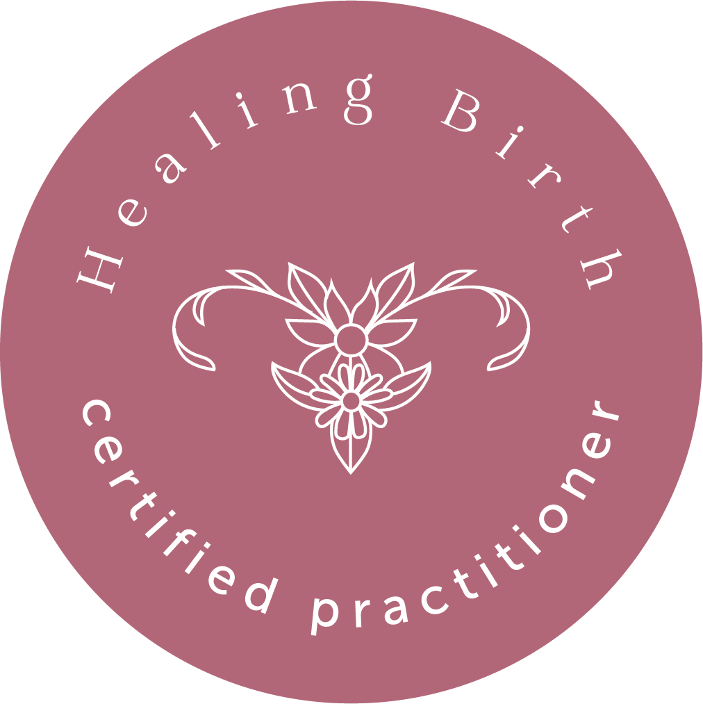 A circular logo with a purple background, featuring the text "Healing Birth" at the top and "certified practitioner" at the bottom. The center of the logo has a white floral design with symmetrical leaves and flowers.