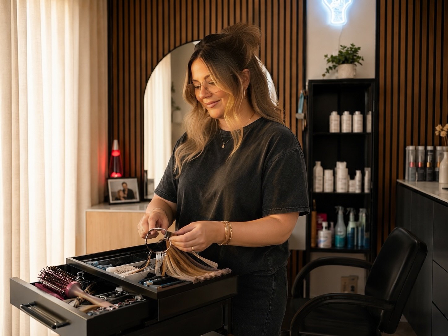 Woman with blonde hair, glasses, and jewelry smiling and looking down while holding a hairpiece and tools inside a salon or beauty studio with wooden wall decor and shelves of hair and beauty products.