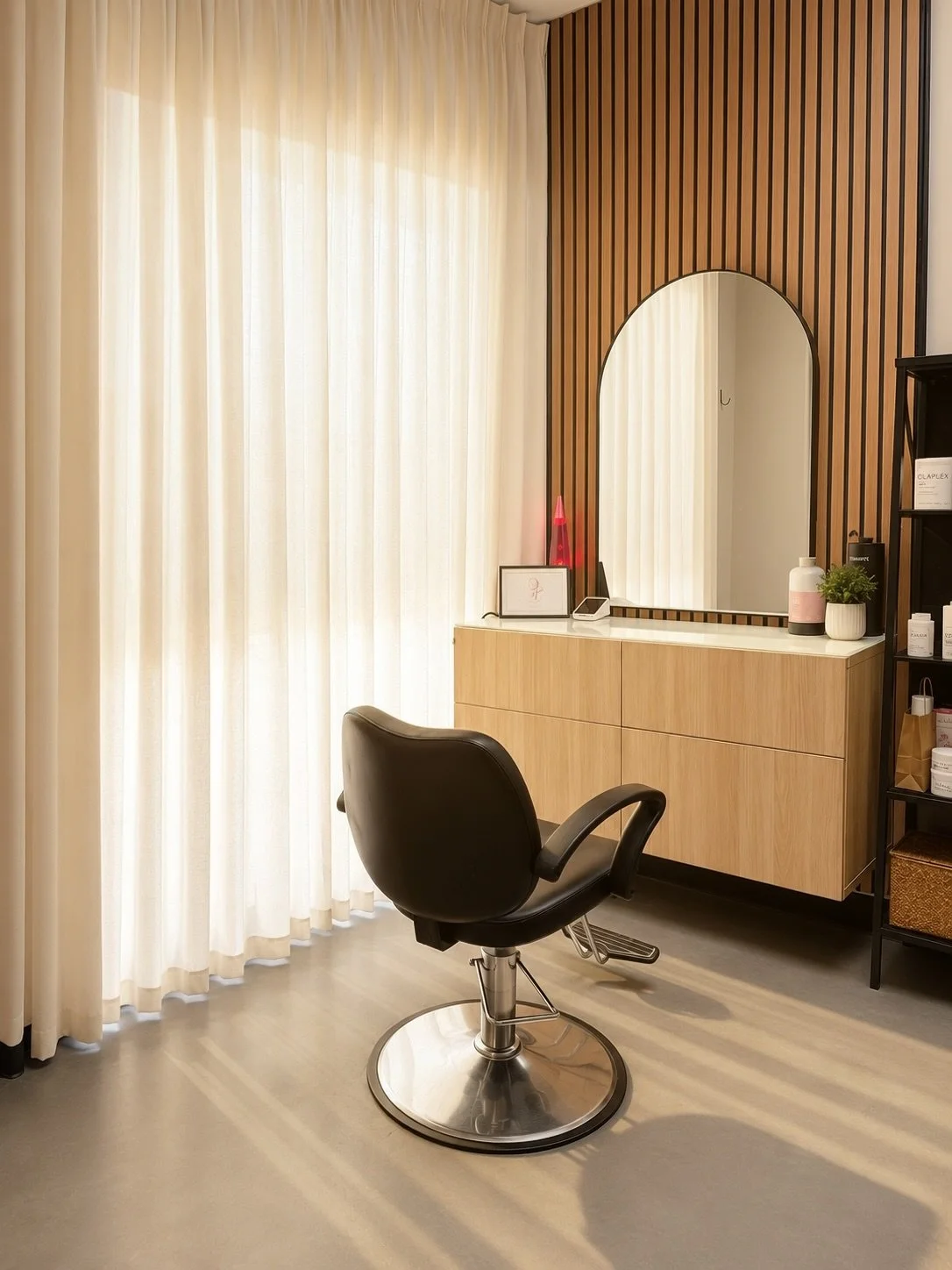 Salon or beauty treatment room with a black styling chair, a wooden cabinet with a mirror, and a shelf with beauty products.