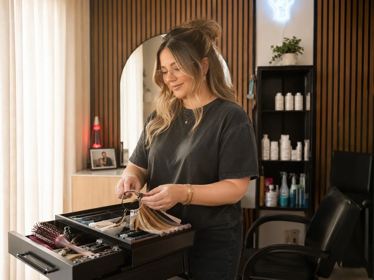 Woman organizing hair color swatches in a salon with hair products on shelves behind her.