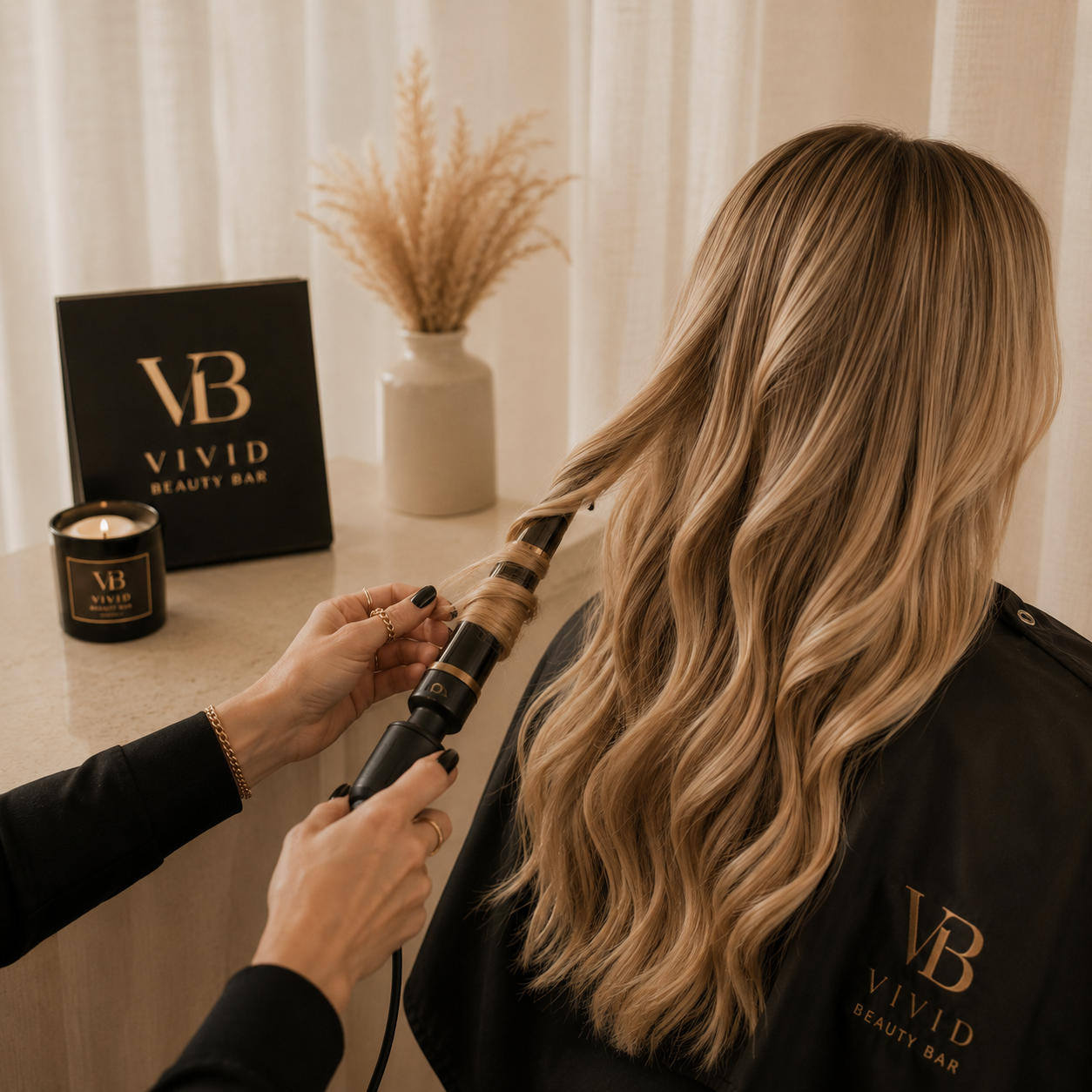 A woman with long, wavy blonde hair at a beauty bar, getting her hair curled with a curling iron. The background has a black sign with gold writing reading "Vivid Beauty Bar," a lit candle, and a vase with dried pampas grass.