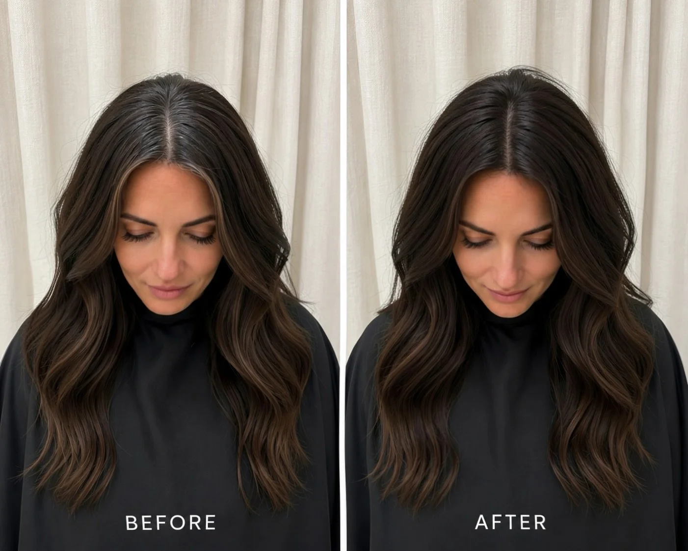 Side-by-side comparison of a woman with long, wavy brown hair, showing a hair transformation. The left shows her hair before, the right after, with the right appearing shinier and more styled.