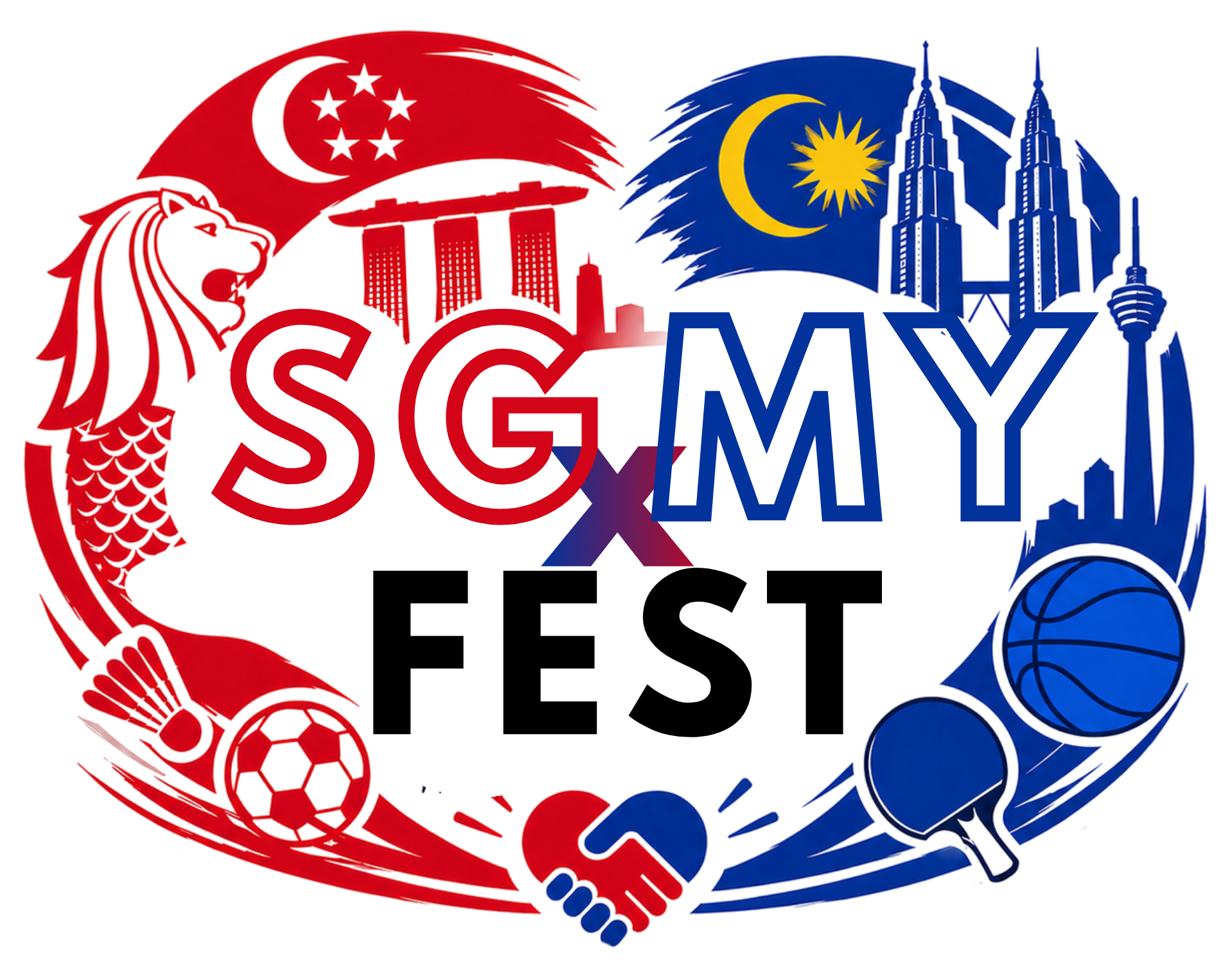 A graphic illustrating a handshake between a red and a blue hand, representing cooperation or agreement, with various sports and activity icons in the background, and a globe symbol in the lower right corner.