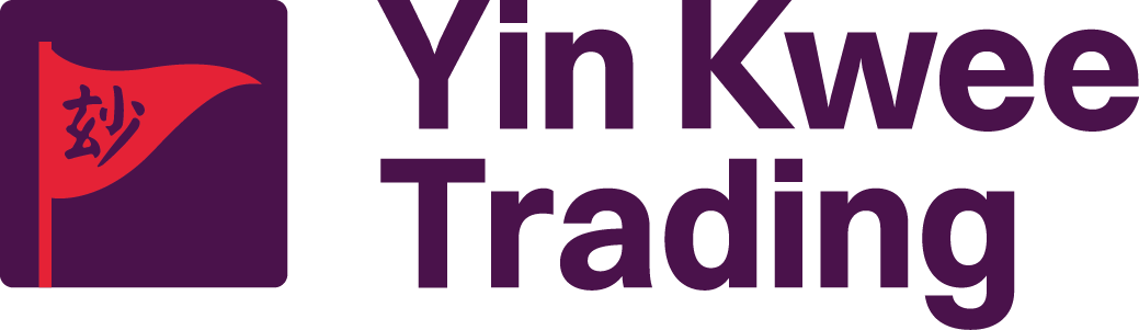 Logo for Yin Kwe Trading featuring a red flag with a Chinese character on a dark purple background, and the company name in bold purple text.