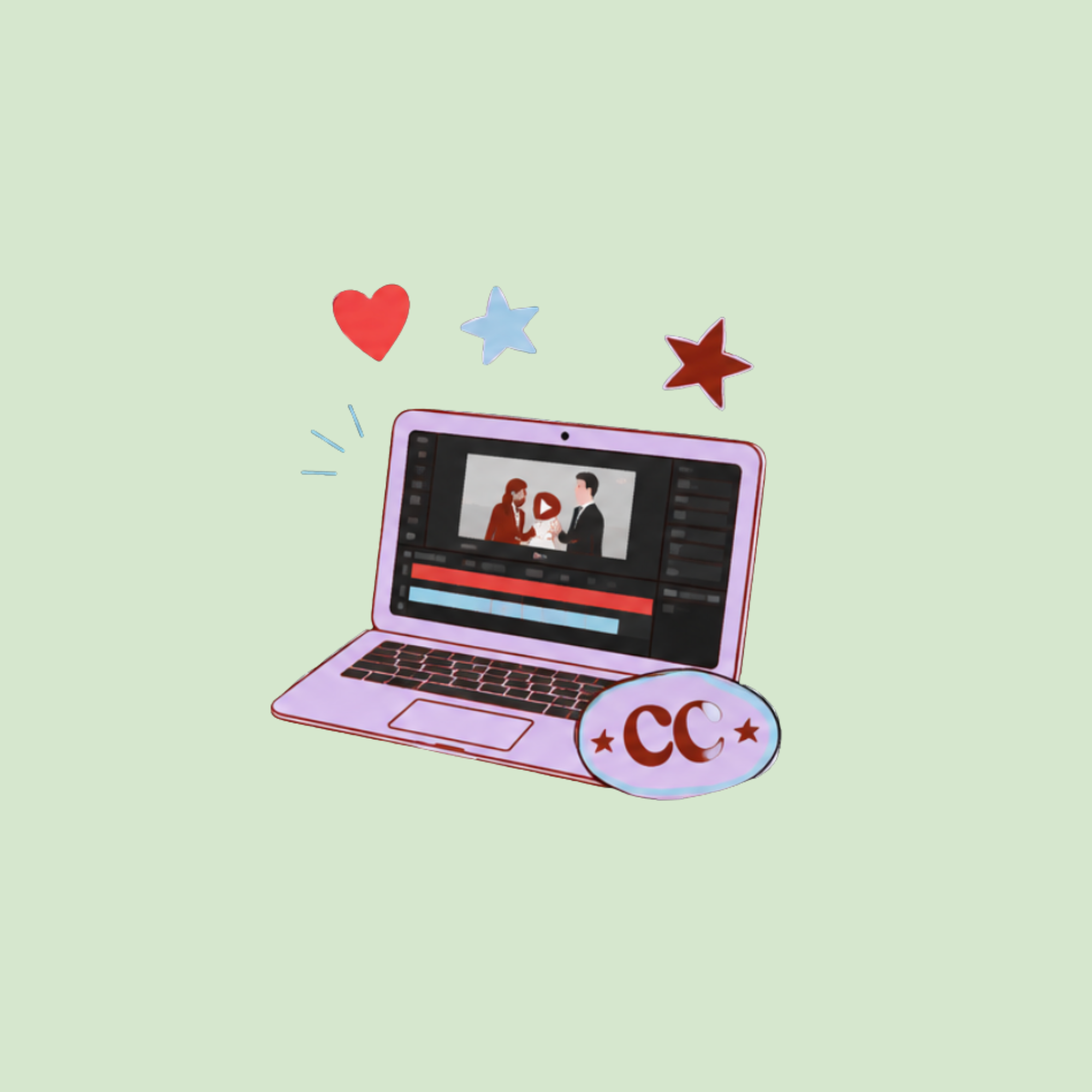 A close-up of a pink laptop with a video editing software open on the screen. The screen displays a video of a man and woman in conversation. There are cartoon heart and star stickers and a round sticker with the letters '.cc' on the lower left corner of the laptop. The background is a light mint green.