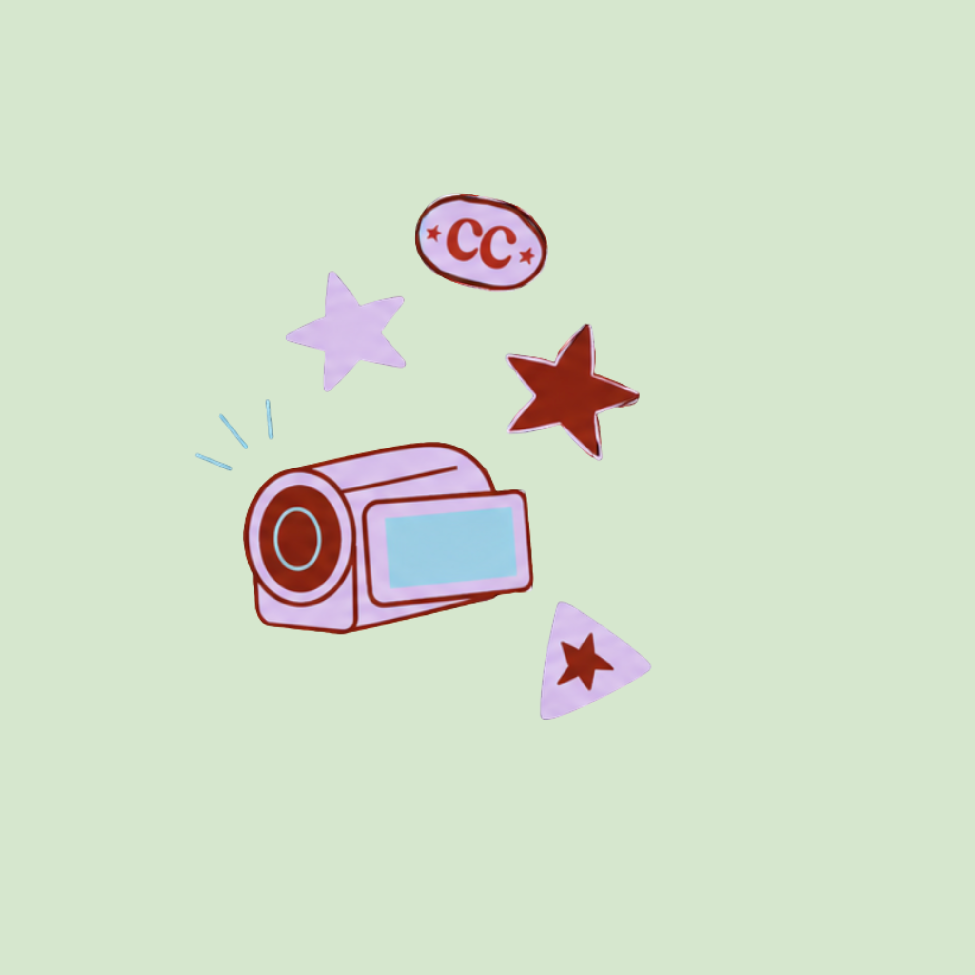 Decorative stickers on pastel green background, including stars, a  camcorder, and a sticker with the letters 'CC' and stars.