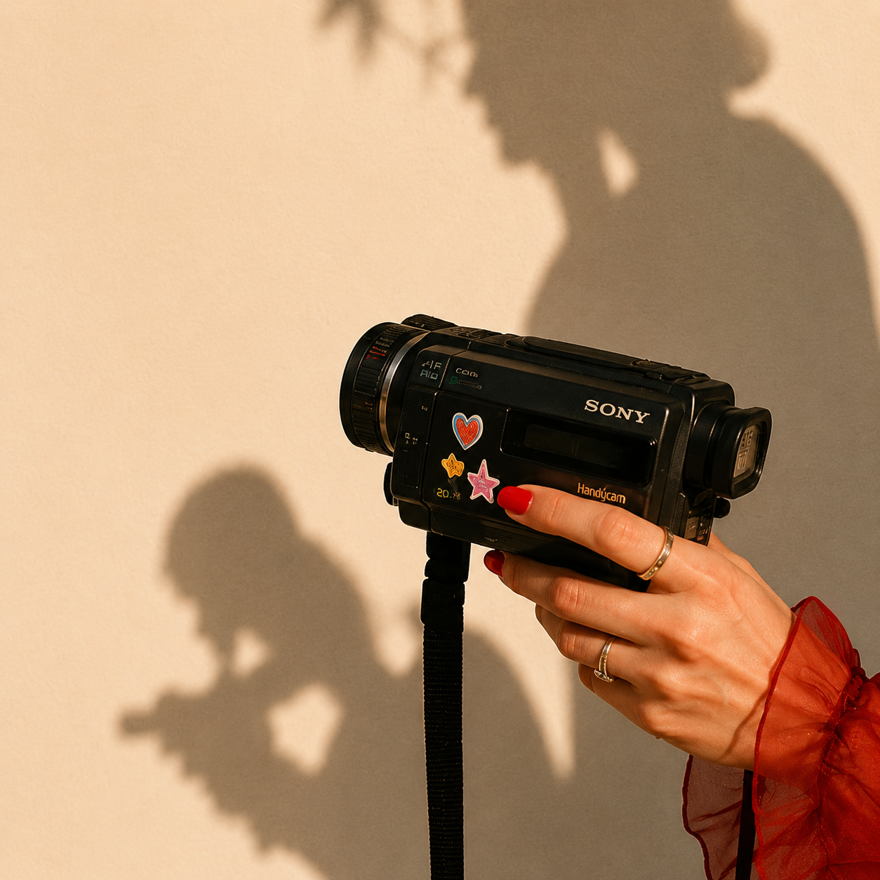 A person with red nail polish and rings on their fingers holding a vintage rental video camera (camcorder) decorated with colorful stickers, casting shadow on a plain beige wall.