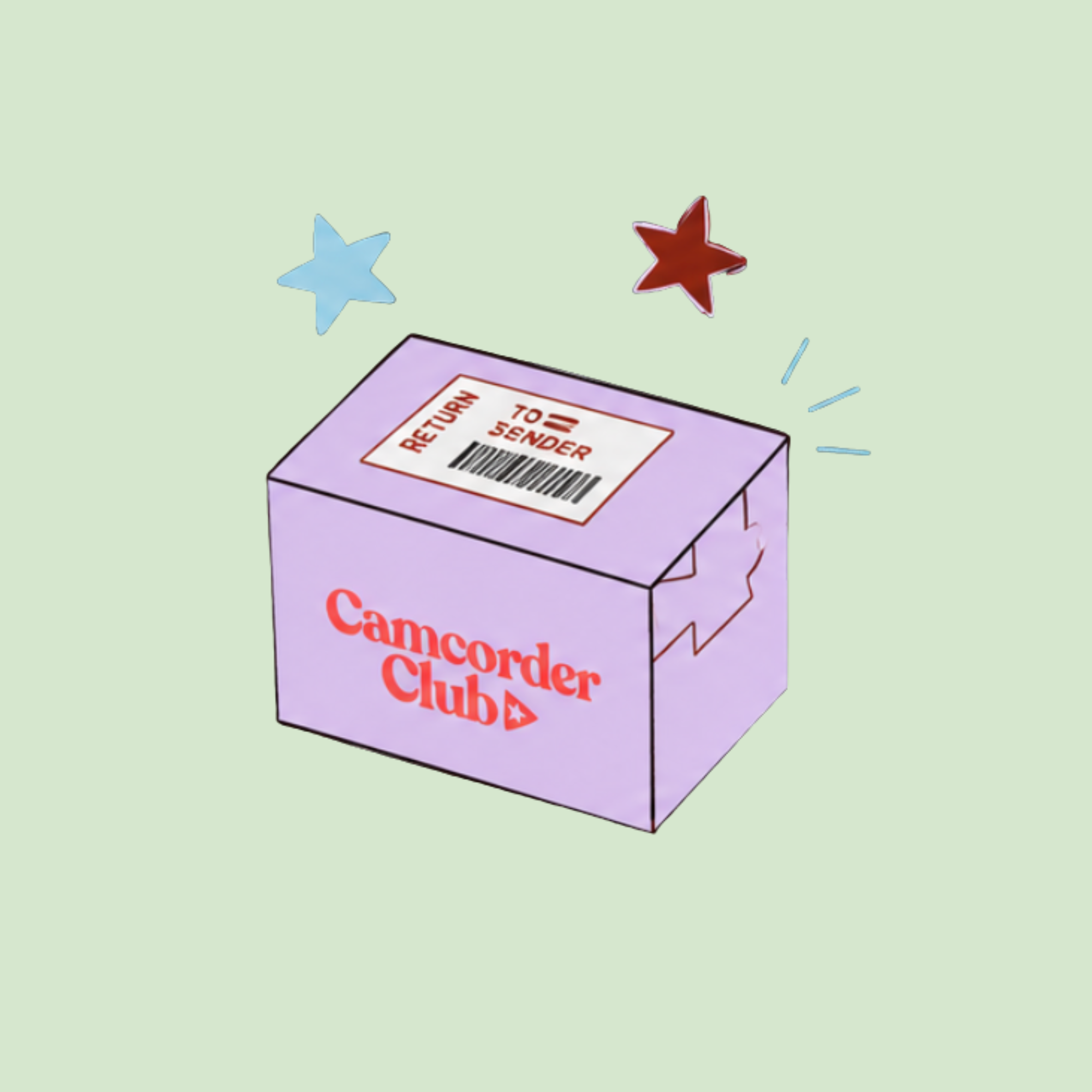A purple box labeled 'Camo corden' with a barcode and a red and white sticker indicating 'RETURN TO SENDER' and 'Camcorder Club'. Two star-shaped tokens, one blue and one red, are above the box on a light green background.